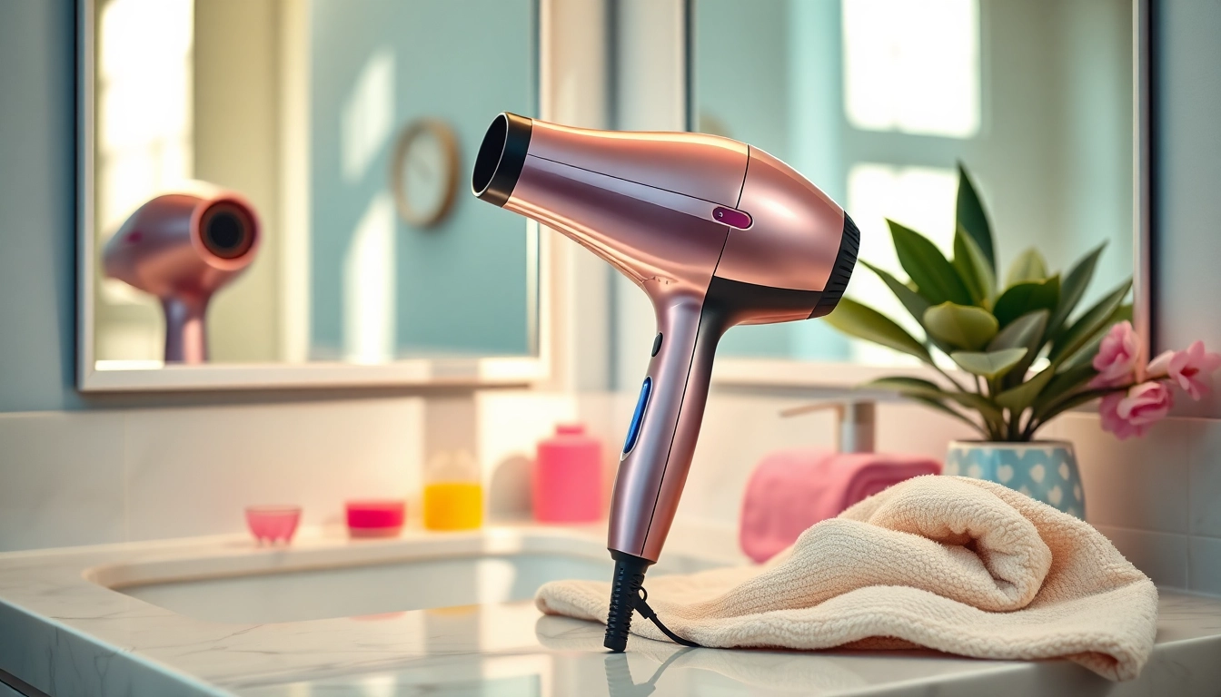 Ionic blow dryer showcasing sleek design on a modern vanity with colorful accessories.