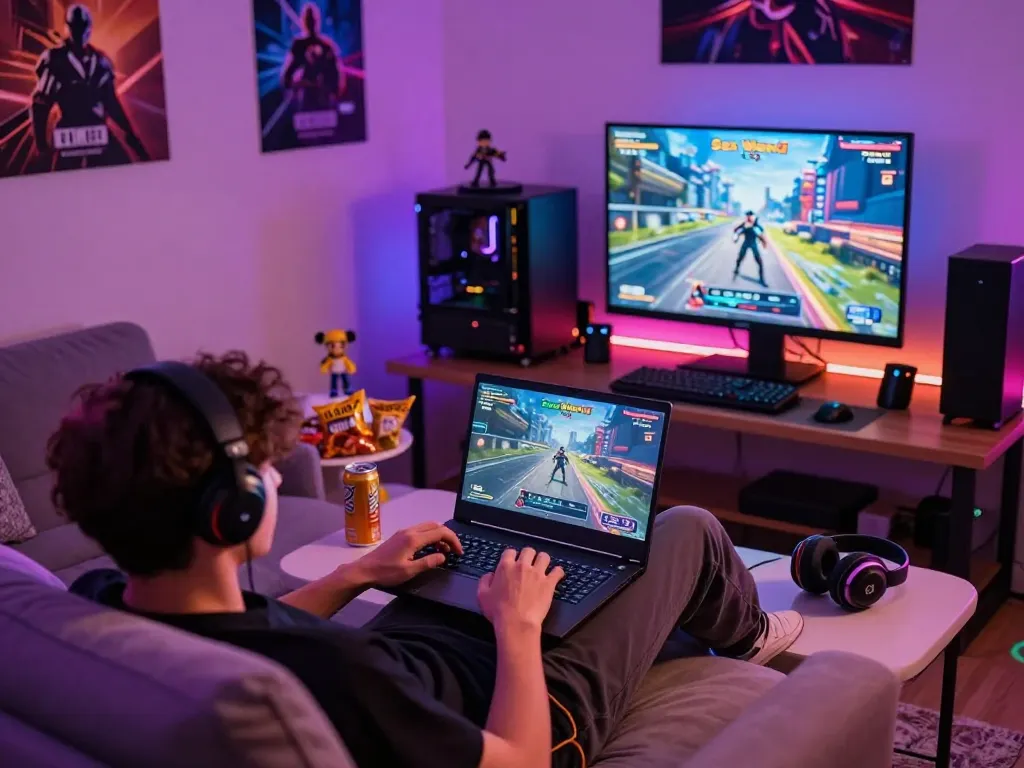 Engaging scene of a person playing xxx games on a laptop in an immersive gaming setup with neon lights and vibrant graphics.