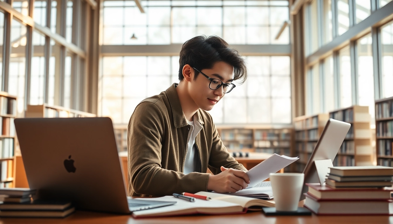 Focused student preparing to pay someone to take toefl in a bright library.