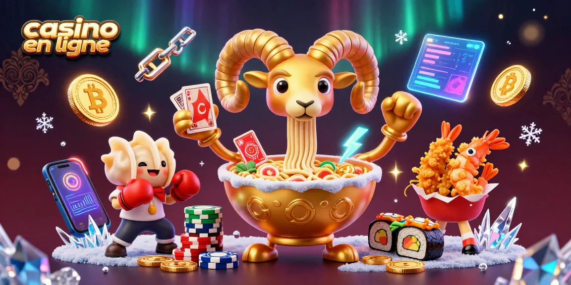 Casino en ligne: Scène dynamique de casino avec un bol de ramen géant et des éléments de crypto-monnaie.