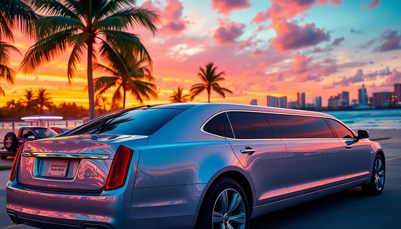 Experience the elegance of a Miami limo against a stunning beach sunset.