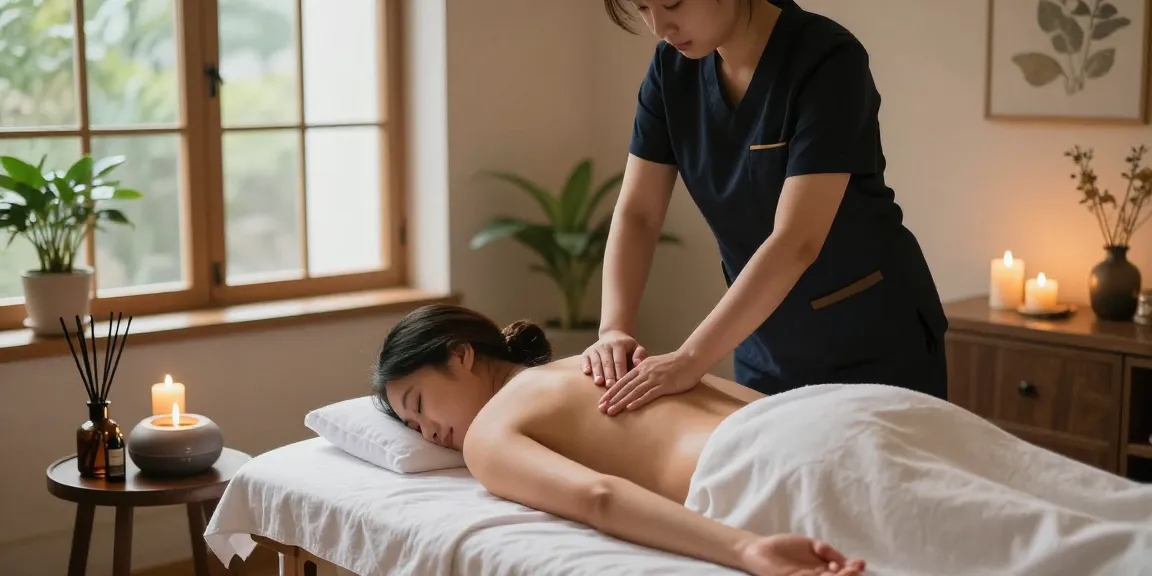 마사지 치료 중인 고객과 테라피스트의 편안한 스파 장면