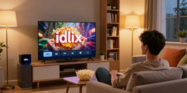 Young adult enjoying streaming movies on idlix official in cozy living room setting.
