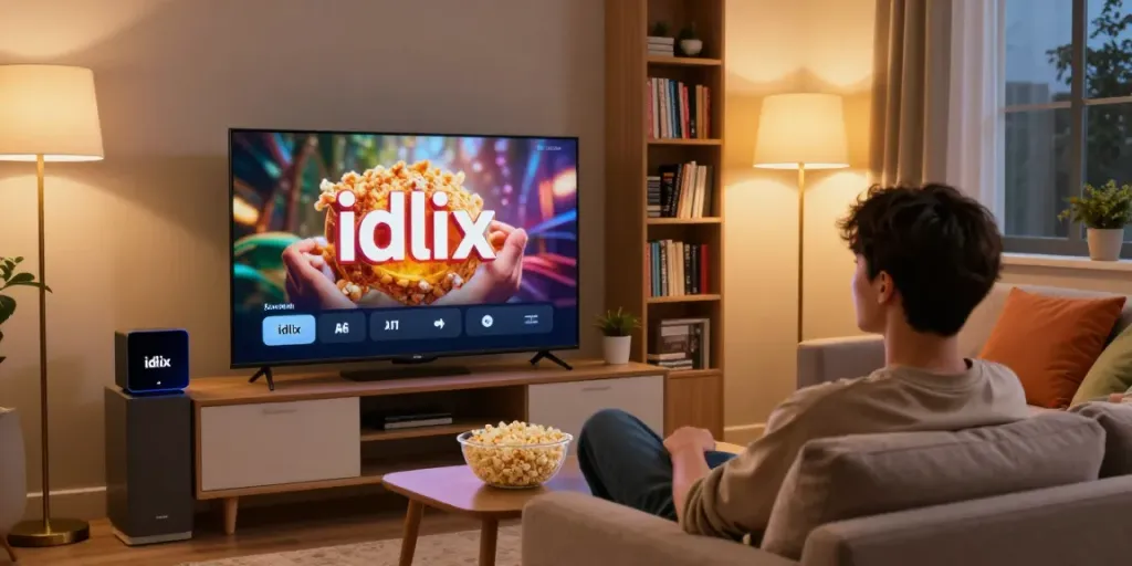 Young adult enjoying streaming movies on idlix official in cozy living room setting.