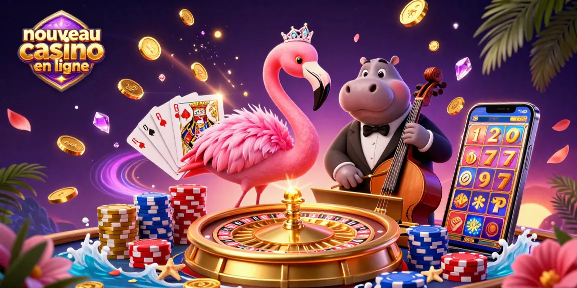 Illustration 3D vibrante d'un nouveau casino en ligne avec un flamand chanteur et un hippopotame musicien.