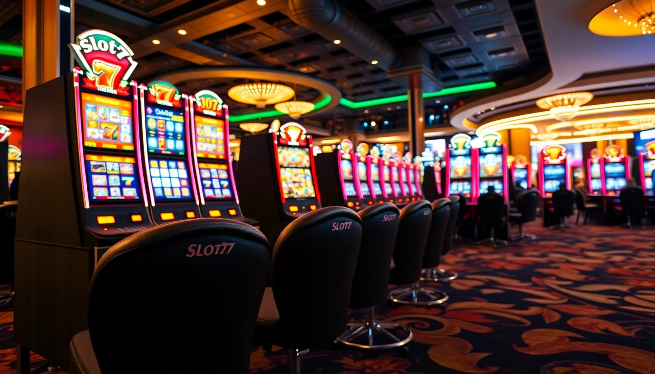 Slot77 menampilkan mesin slot bertenaga dengan cahaya berkilauan di kasino.