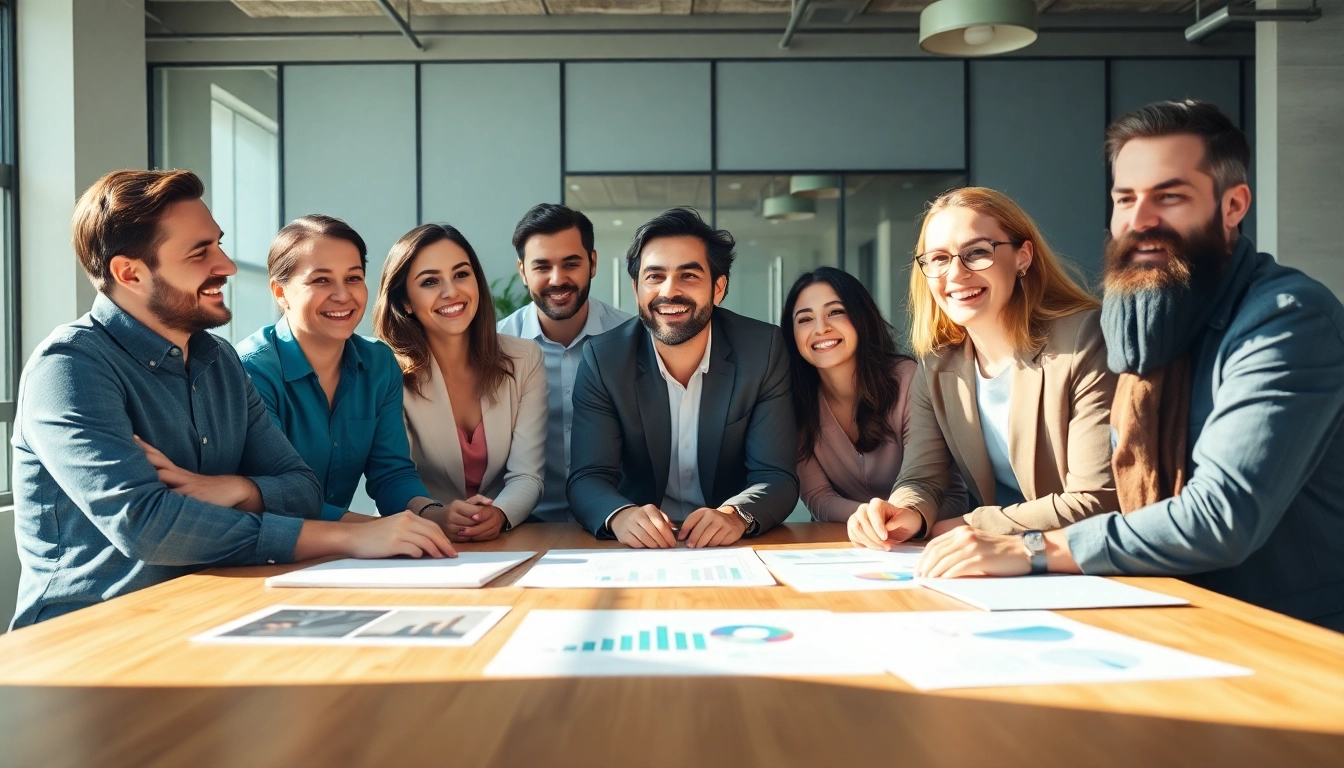 Entrepreneurs discussing a business for sale in a modern office setting.