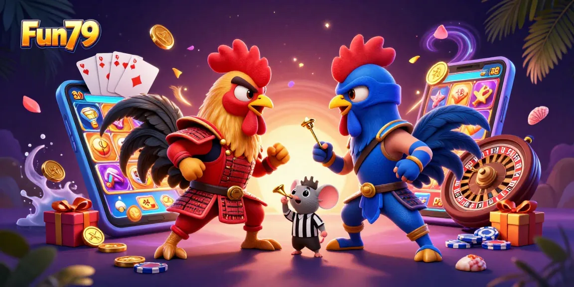 Fun79 showcases an exciting standoff between cartoon roosters, symbolizing the thrill of gaming.