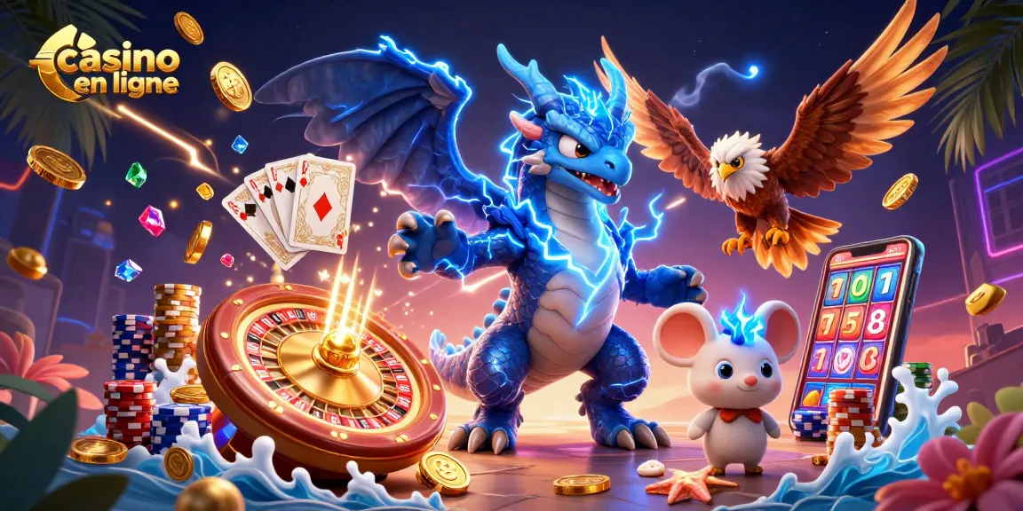 Jouer au casino en ligne avec une illustration dynamique de jeux et de personnages fantastiques.