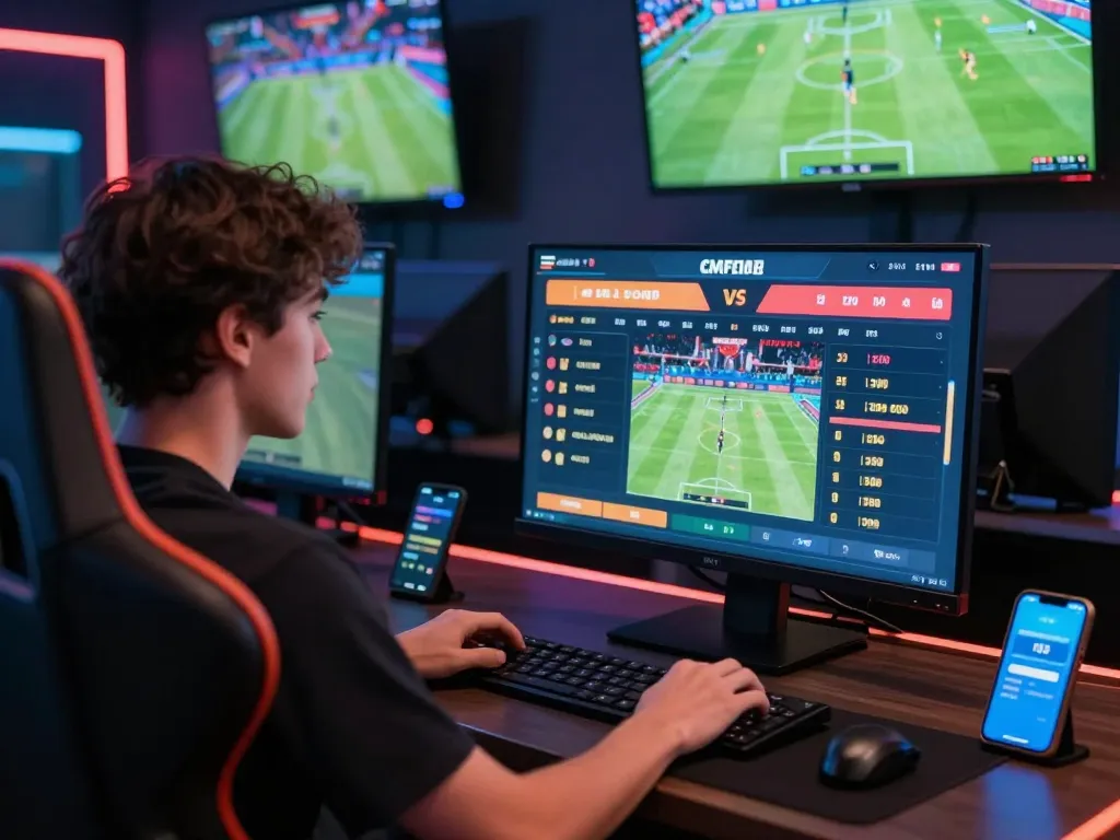 Betting enthusiast exploring betting options with CM88 on a high-tech sports betting interface.