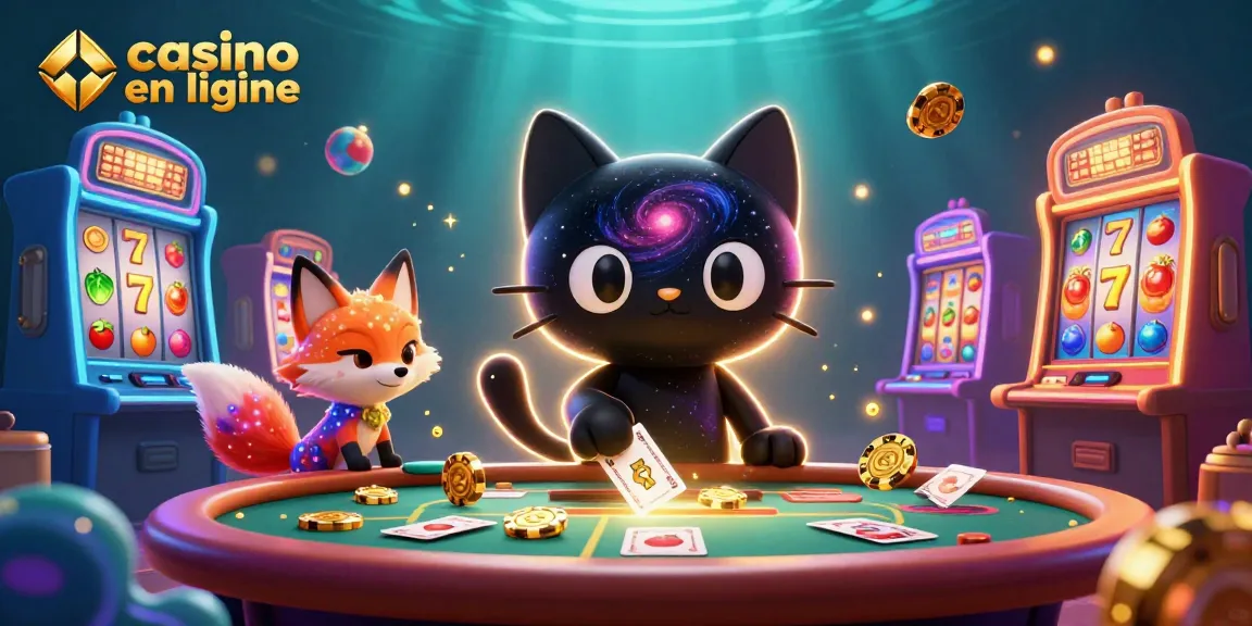 Le casino en ligne fascinant avec un chat noir trou noir et un renard nébuleux, entourés de machines à sous colorées.