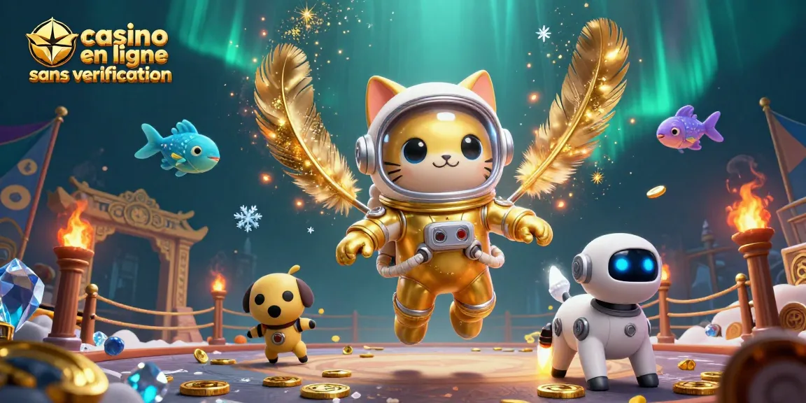 Plongez dans l'univers des jeux avec "casino en ligne sans vérification", où un chat astronaute flottant et son chien robot jouent au casino parmi des créatures étonnantes.