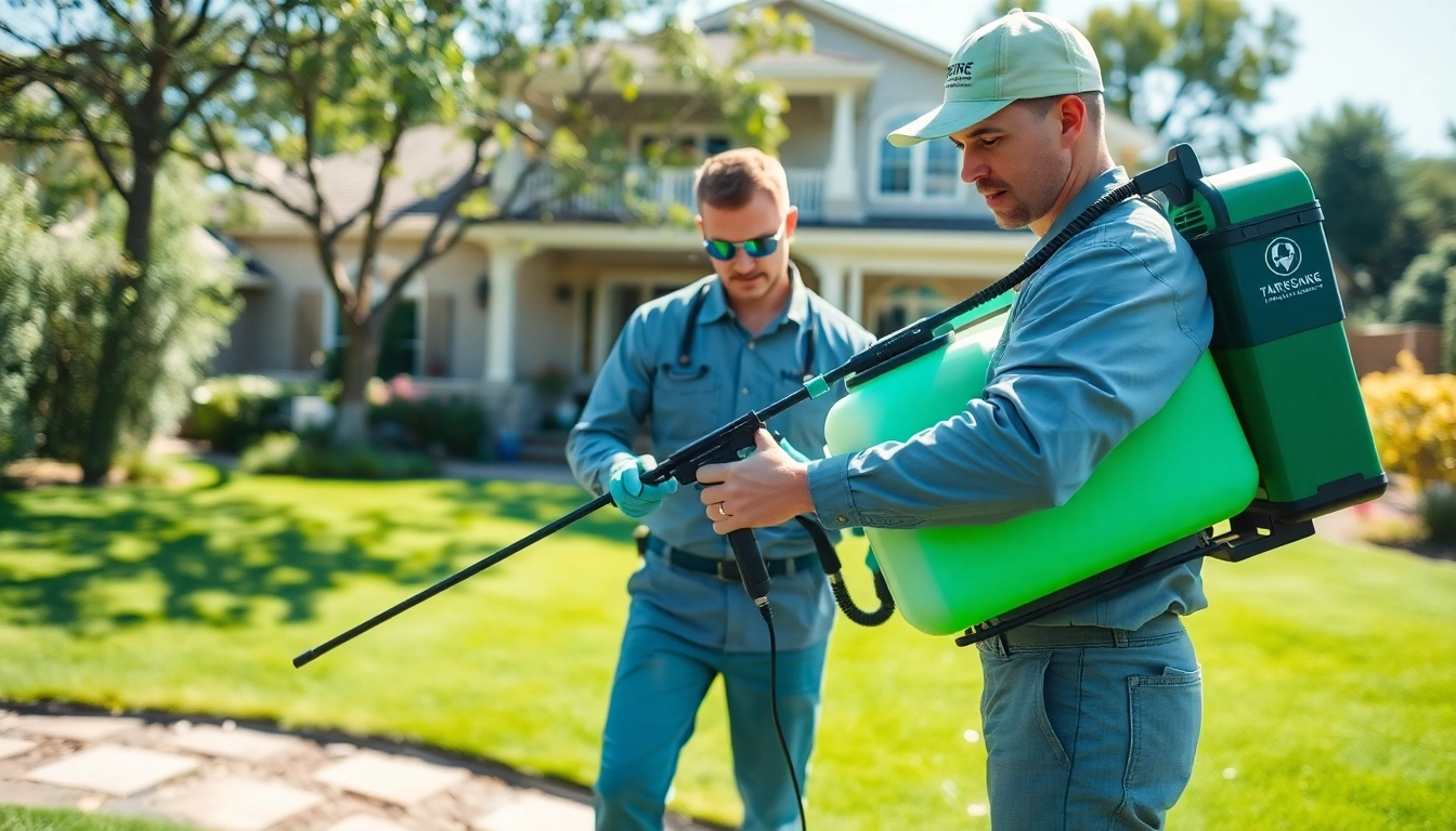 Pest control company near me professional applying eco-friendly treatment in a residential backyard.
