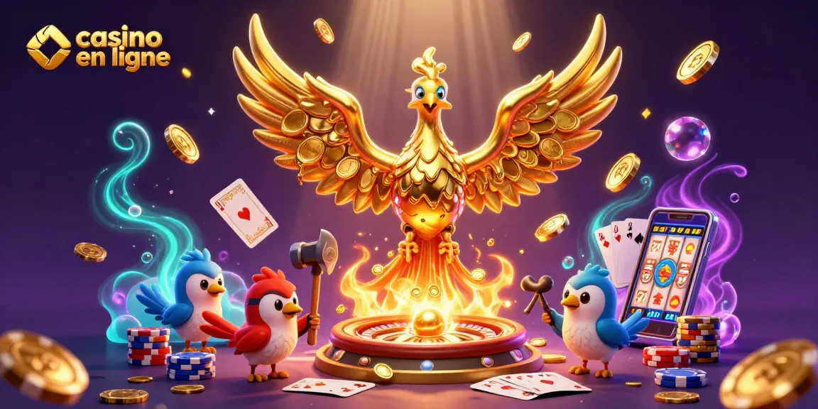 Gagnez aux jeux de casino en ligne avec un phénix doré et des pièces brillantes.