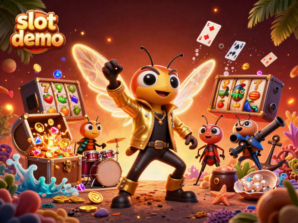 Experience excitement in this vibrant slot demo scene full of lively characters and glowing treasures.