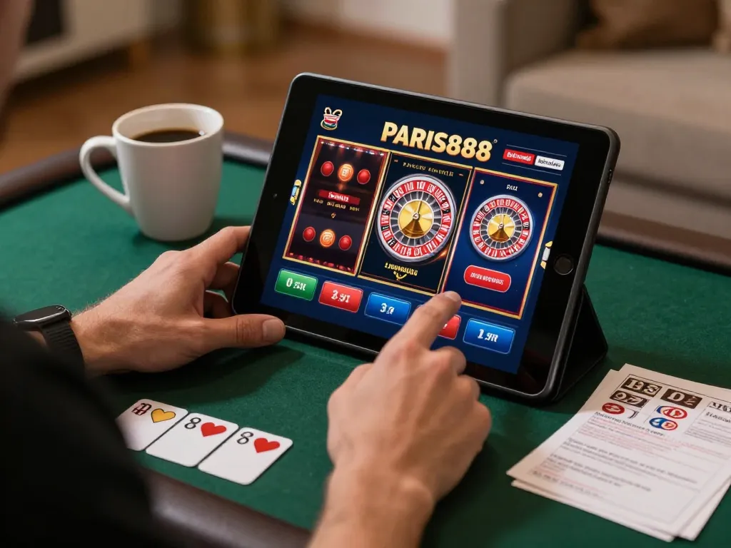 Player engaging with Paris888 online slots and games in a cozy home setting, highlighting strategic gambling.