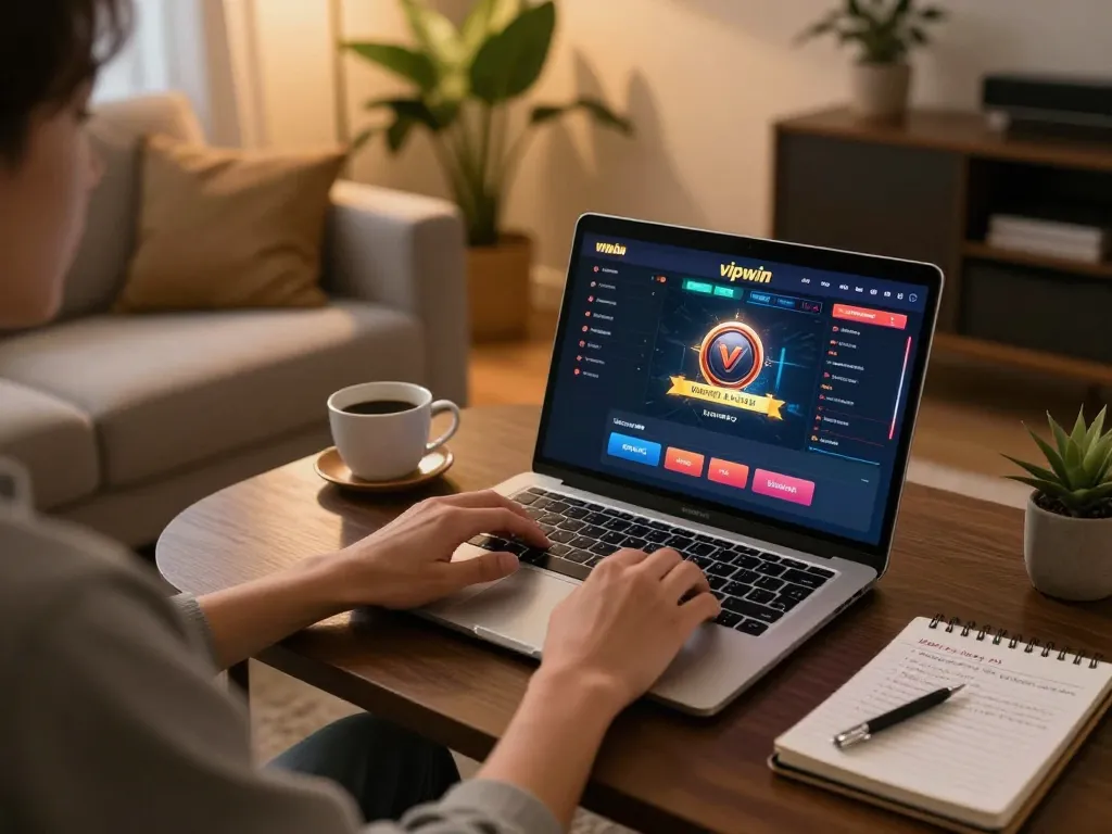 Engaging in online gambling on vipwin with a laptop and strategic notes in a cozy home setting.