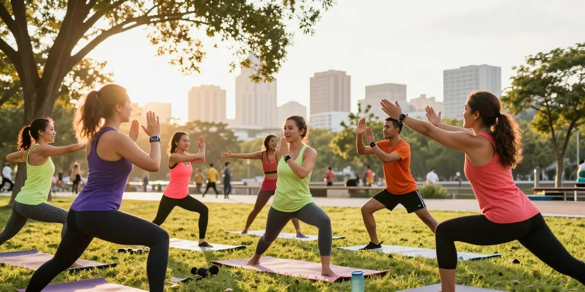 Melihat aktivitas komunitas olahraga dengan Fitbit Luxe di taman, meningkatkan kesehatan dan kebugaran.