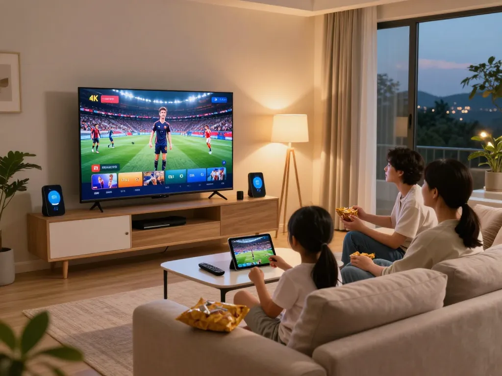 Genieten van IPTV kopen met familie in een gezellige woonkamer, levendige 4K film in beeld.