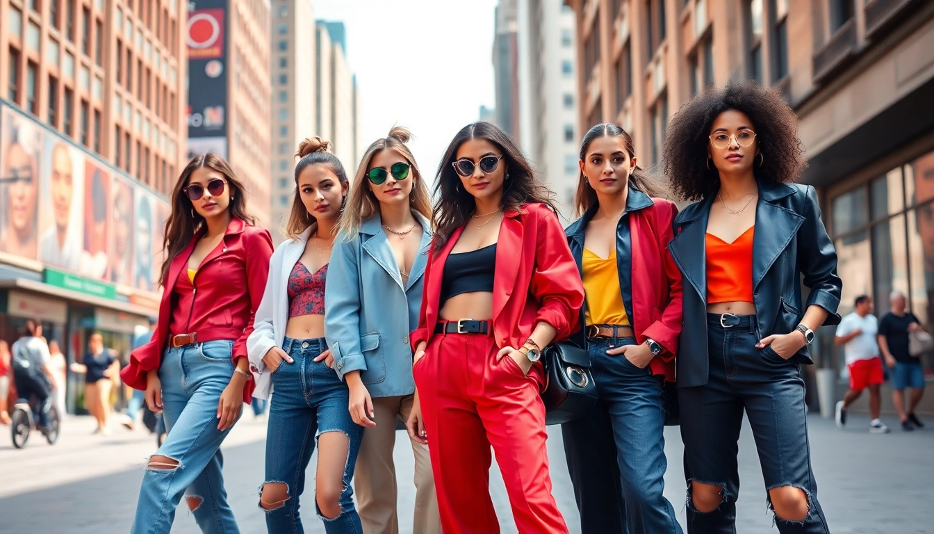 Models embodying dynamic Fashion trends against an urban backdrop.
