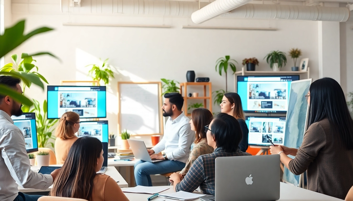 Webdesign Agentur zeigt kreatives Team bei der Zusammenarbeit an Bildschirmen.