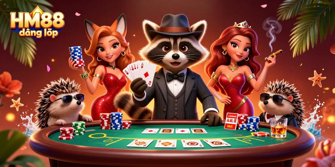 Engage with HM88 đăng nhập in an action-packed poker scene featuring charming animal characters.