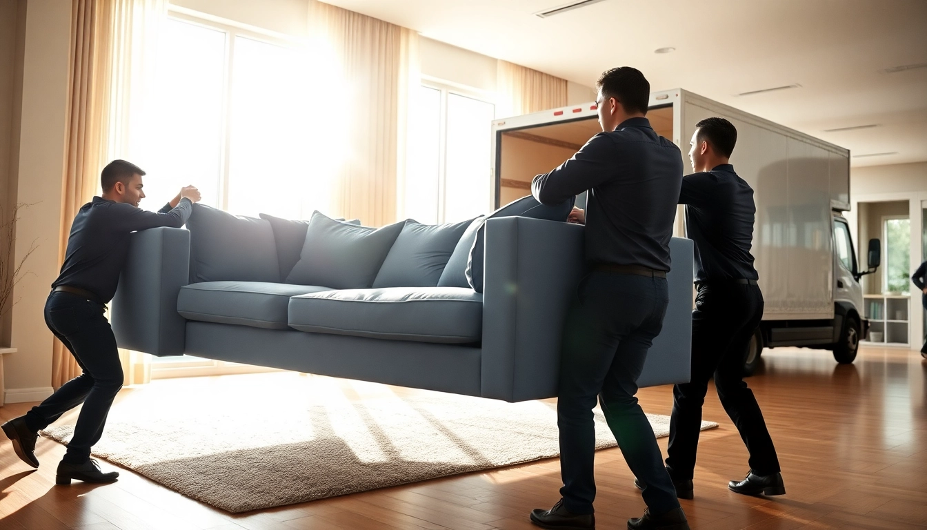 Lift and load movers helping with furniture relocation in a bright living room.