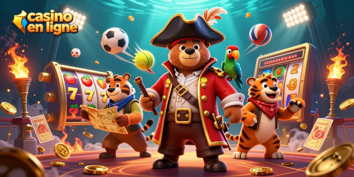 Illustration dynamique de casino en ligne avec un ours pirate, un tigre et des éléments de jeu.