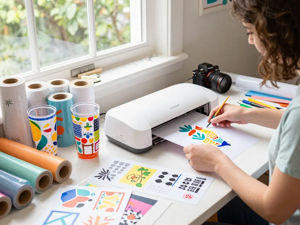 Creating unique tumbler designs using the cricut svg bundle in a bright crafting space.