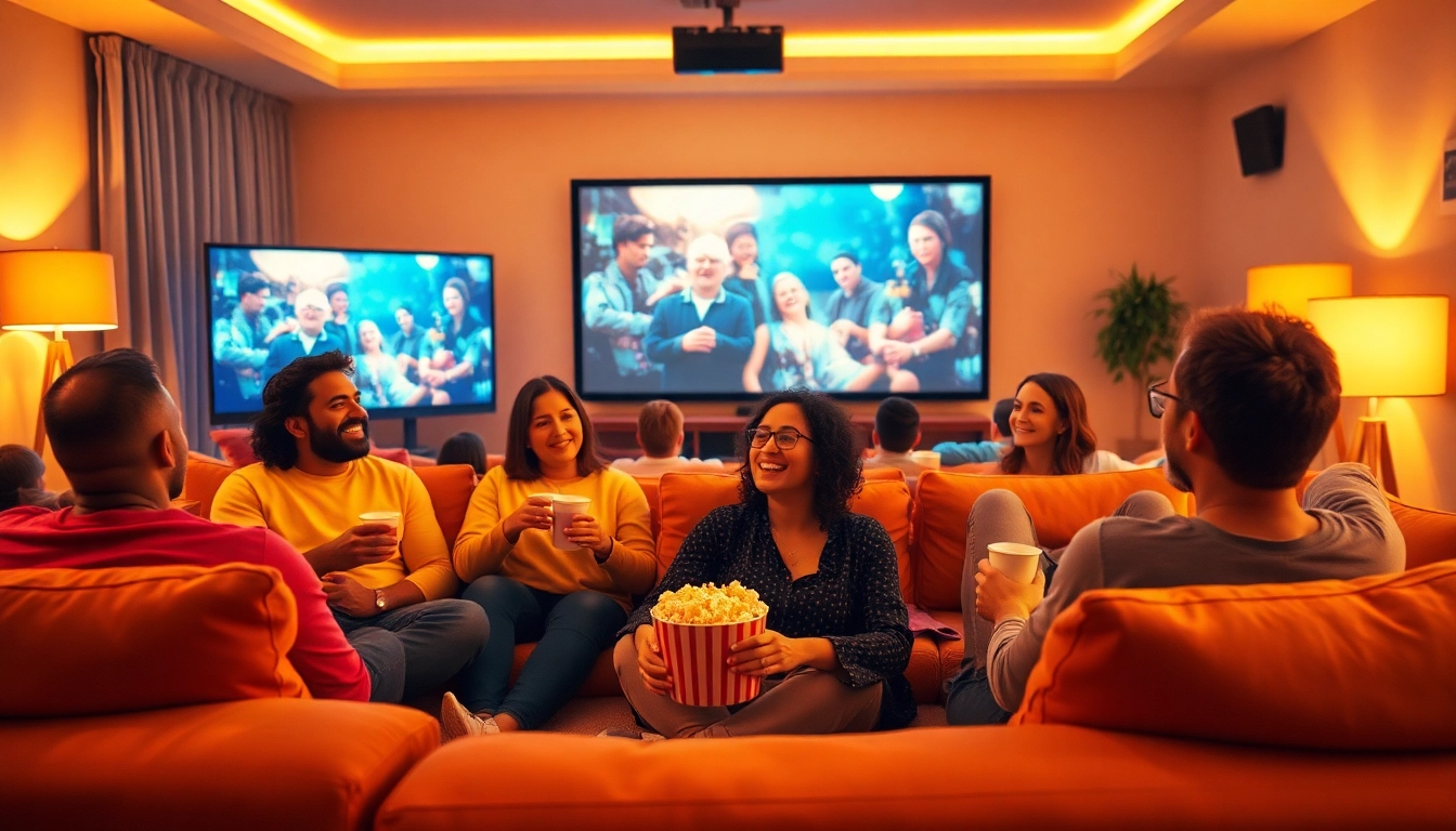 Enjoying movies online with friends in a cozy home cinema setup.