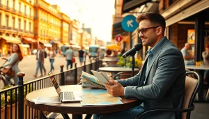 Share travel insights on https://travelingossip.com while enjoying an outdoor café atmosphere.