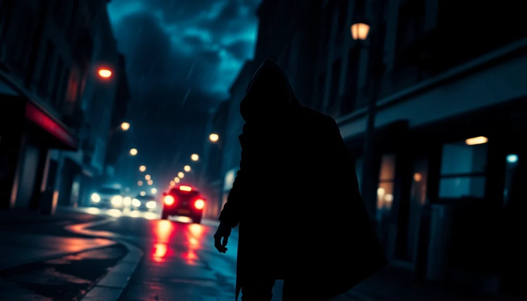 Enigmatic thriller novel cover depicting a shadowy figure under dramatic lighting with suspenseful urban elements.