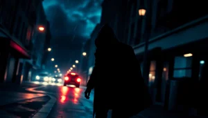 Enigmatic thriller novel cover depicting a shadowy figure under dramatic lighting with suspenseful urban elements.