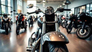 Motorrad verkaufen in einem modernen Showroom mit hochwertigen Modellen und stilvollem Design.