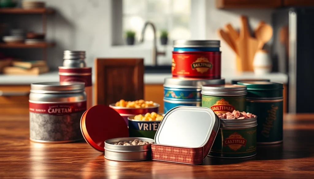 Custom tins displayed beautifully on a tabletop, highlighting vibrant designs and textured finishes.