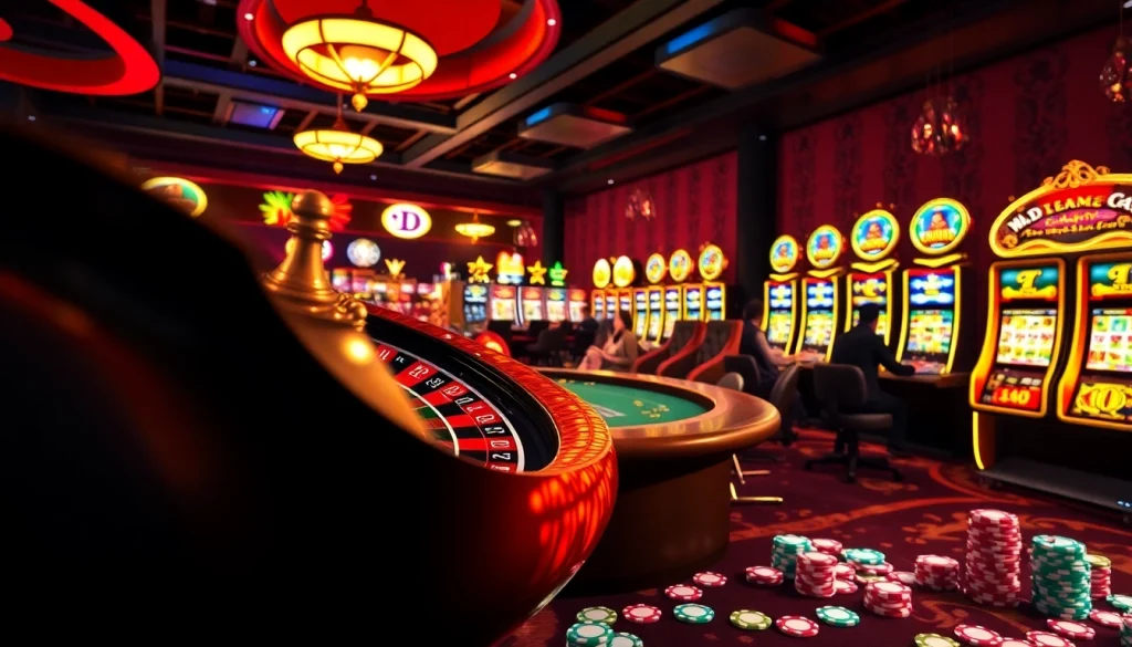 A lively casino atmosphere featuring tables, cards, and KJC AC 1 poker chips.