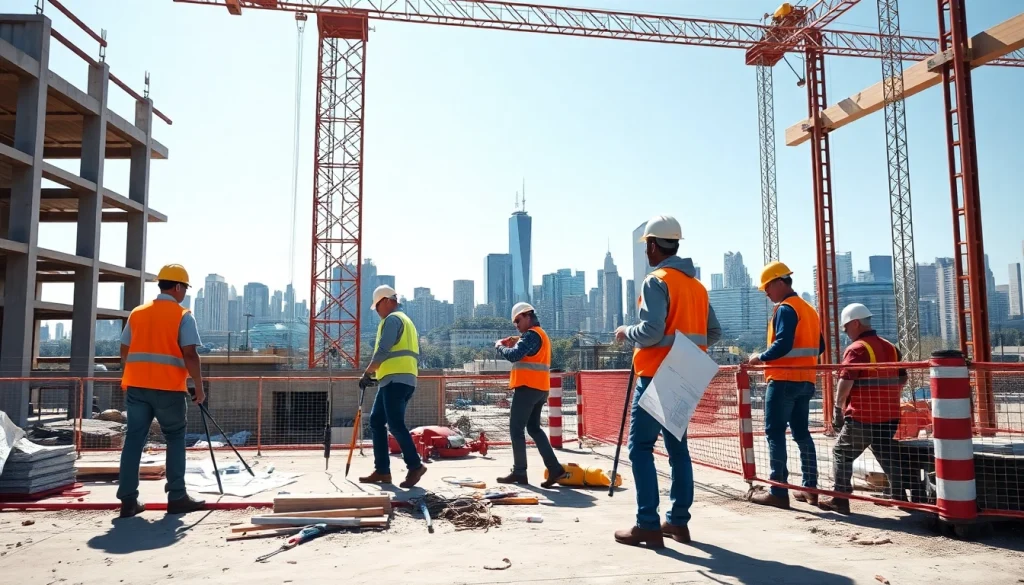 Construction workers collaborating at a site with New Jersey Commercial General Contractor showcasing professionalism.