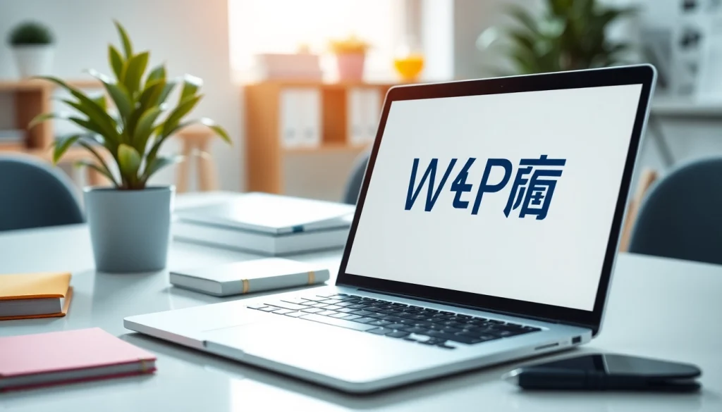 Showcasing WPS办公软件 on a sleek laptop in a bright office workspace.