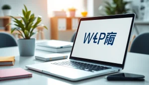 Showcasing WPS办公软件 on a sleek laptop in a bright office workspace.