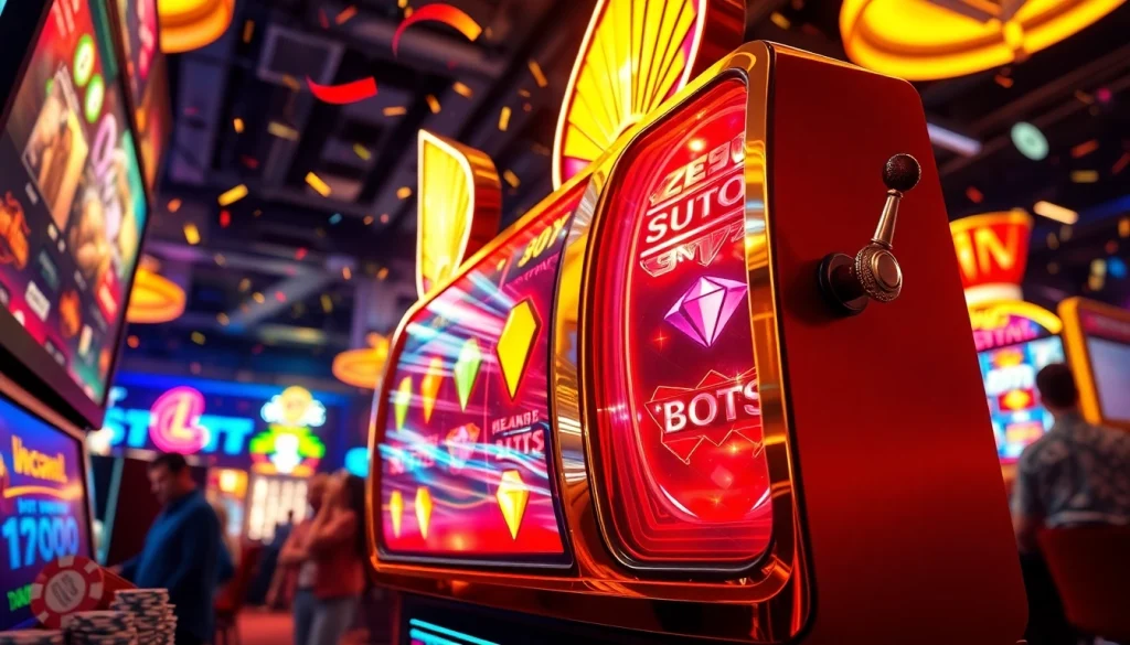 Jewel4d slot machine yang menarik dengan lampu berkilau dan suasana kasino yang gemerlap.