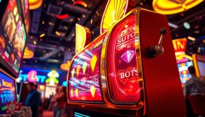 Jewel4d slot machine yang menarik dengan lampu berkilau dan suasana kasino yang gemerlap.