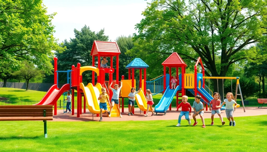 Children enjoying playground equipment in a vibrant park, showcasing fun and community.