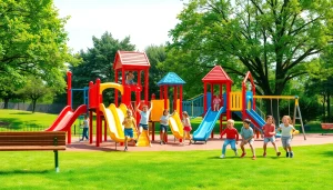 Children enjoying playground equipment in a vibrant park, showcasing fun and community.