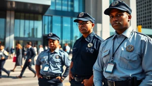 Security Guards monitoring a busy urban area, showcasing professionalism and vigilance.