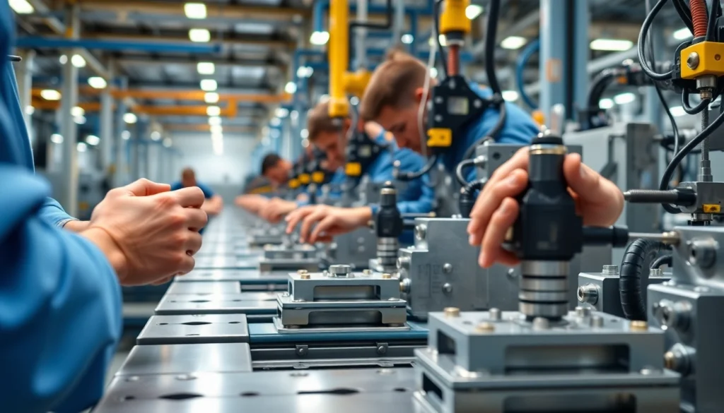 Workers efficiently using Metal Stamping Dies in a bright manufacturing facility.