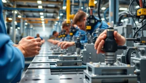 Workers efficiently using Metal Stamping Dies in a bright manufacturing facility.