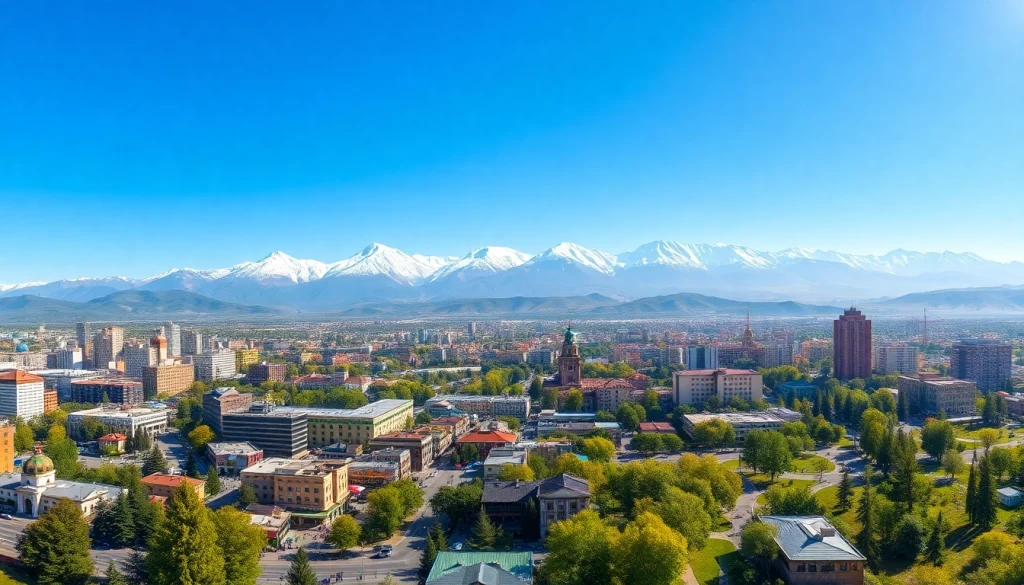 Vibrant cityscape of Almaty, Kazakhstan, showcasing https://albmaftoh.com with magnificent Tian Shan mountains.