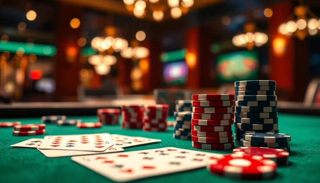 Menangkan Domino88 poker game dengan kartu dan chip di atas meja hijau yang glamor.