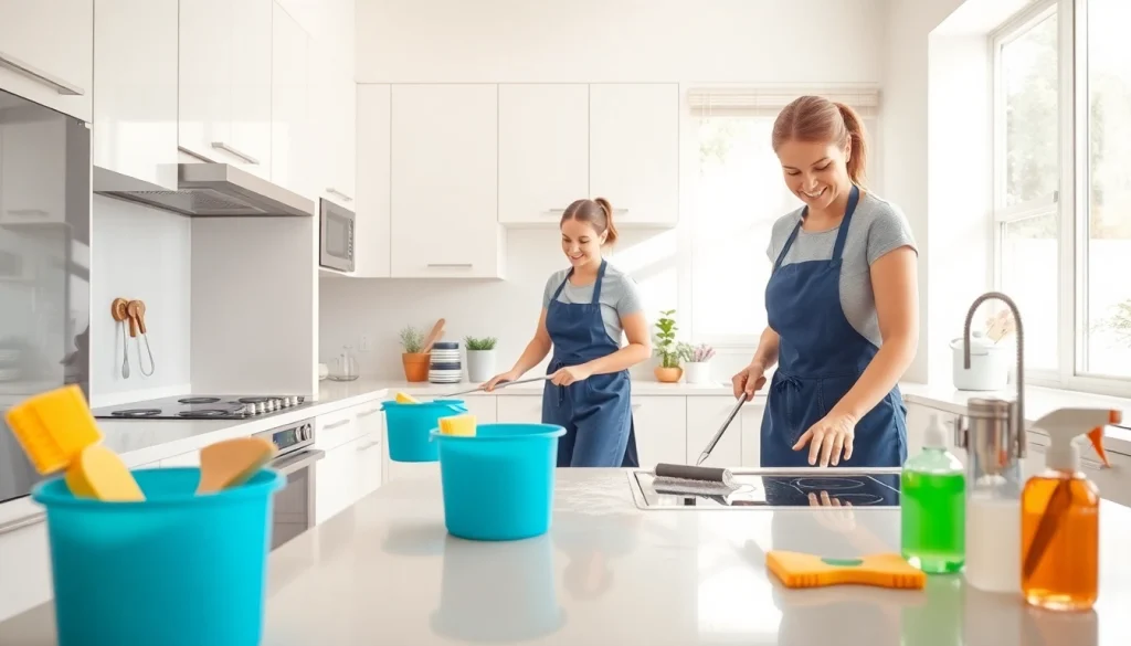 Kitchen deep cleaning Dubai team sanitizing a modern kitchen, showcasing spotless surfaces and eco-friendly products.