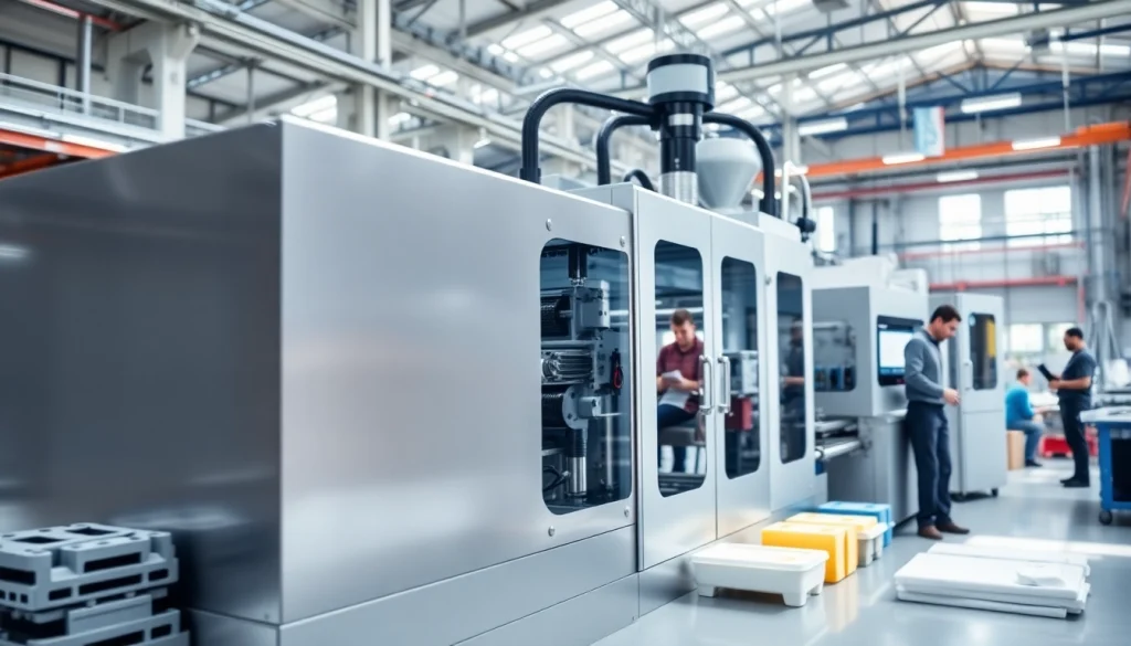 Showcase of a plastic injection molding machine operating efficiently in a busy factory.